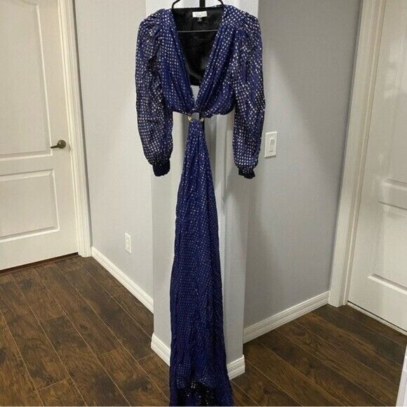 DELFI Collective Cerise Gown Size Small $648 Blue Polka Dot Metallic Gold - Picture 2 of 8